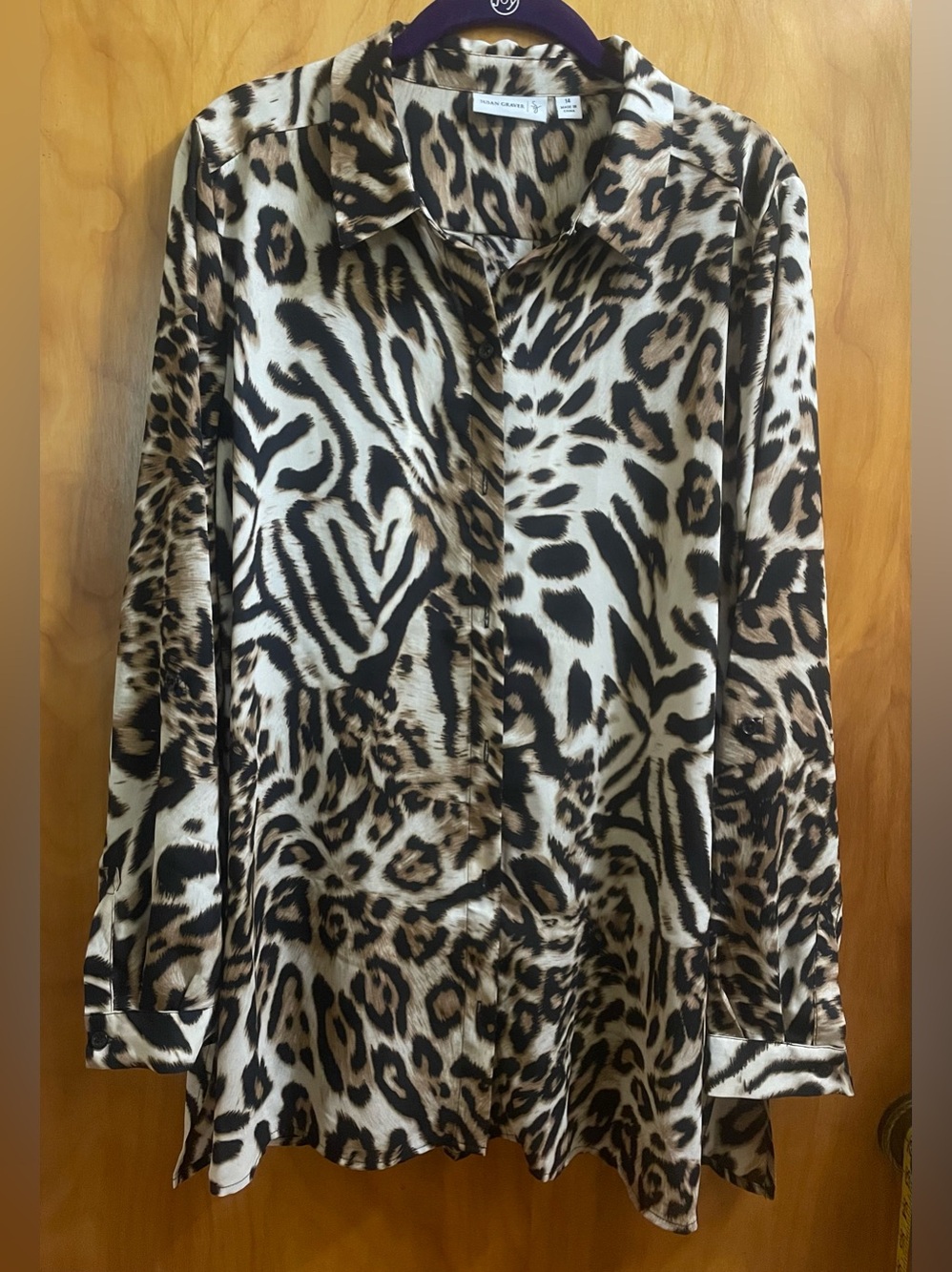 Susan Graver Animal-Print Button Front Tunic Blouse in Tan, Black and Brown